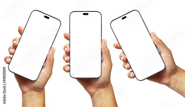 Obraz A woman’s hand holding a black smartphone with a blank screen and modern frameless design, shown in three positions: angled, vertical, and from the side edge, isolated on a white background