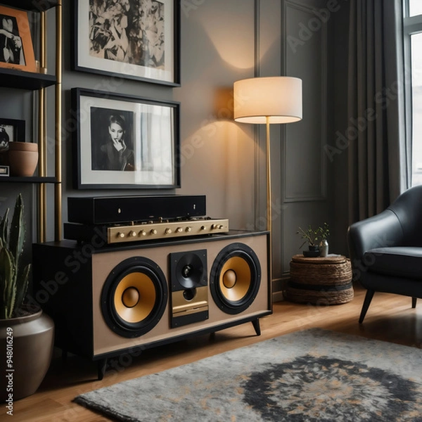 Obraz Stylish Living Room with Modern Stereo System, Floor Lamp, and Framed Photography for a Cozy Atmosphere