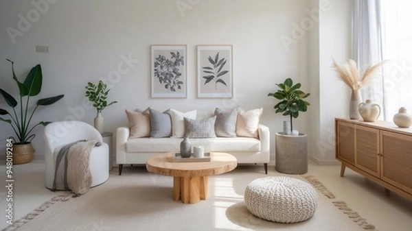 Fototapeta Elegant Minimalist Living Room with Beige and Gray Pillows, Botanical Prints, and Natural Light