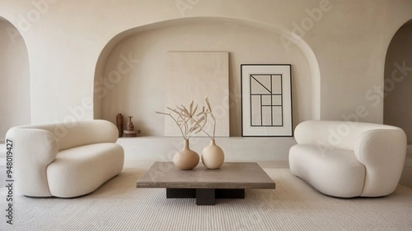 Fototapeta Sophisticated Minimalist Living Space Featuring Textured Sofas and Abstract Art
