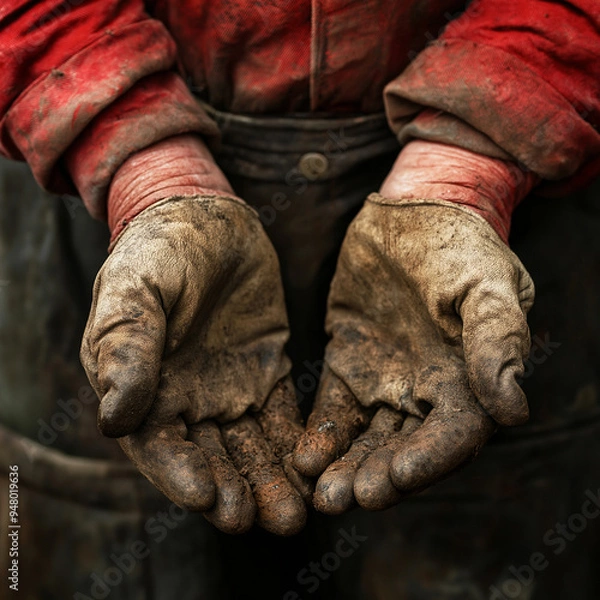 Fototapeta A tired labor-worn two hand happy Labor Day 