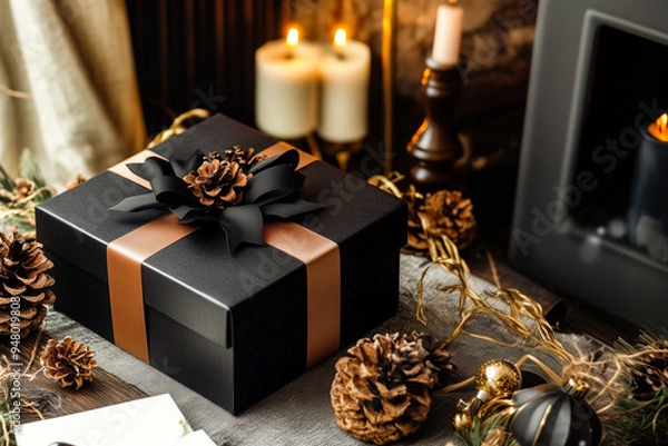 Fototapeta Dark gift boxes with ribbon and bows on bokeh background. Holiday gift, Birthday top view. Christmas giftbox, Black friday concept image