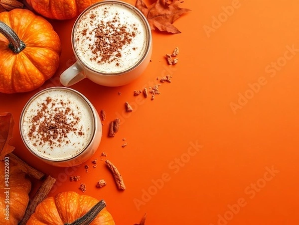 Obraz Top view of pumpkins and pumpkin spice lattes on orange background with copy space 