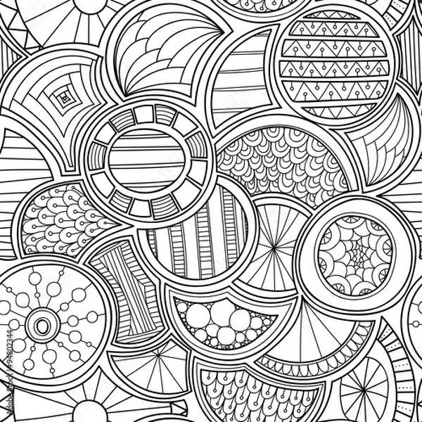 Fototapeta Zentangle style circles seamless pattern. Doodle black and white abstract vector background.