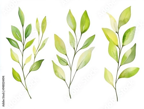 Fototapeta Set of watercolor green leaves elements. Collection botanical vector isolated on white background suitable for Wedding Invitation, save the date, thank you, or greeting card.