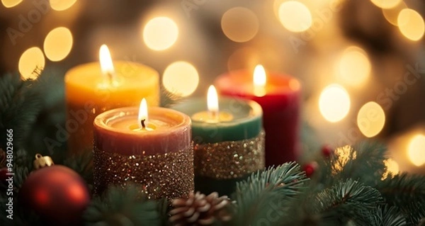 Obraz Festive Christmas Candles and Ornaments with Snowflakes