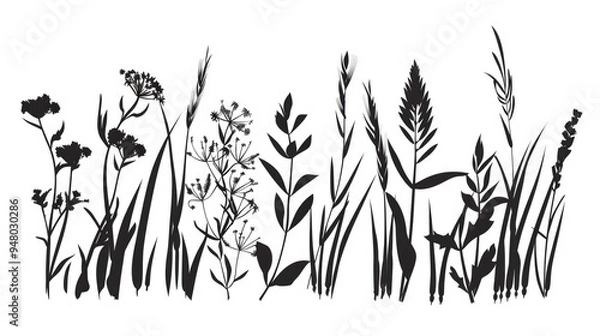 Obraz A summer collection of various herbs on a white background. A place for the text. Black and white illustration