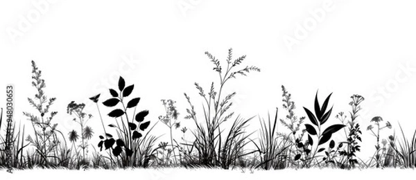 Obraz A summer collection of various herbs on a white background. A place for the text. Black and white illustration