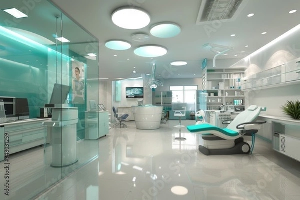 Fototapeta A modern clinic office with a glass partition, an examination chair, and a reception desk