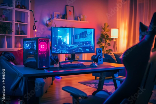 Fototapeta Gaming room featuring a computer placed on a desk with a chair nearby. Generative AI