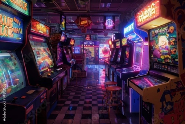 Fototapeta A dimly lit arcade with rows of classic arcade games