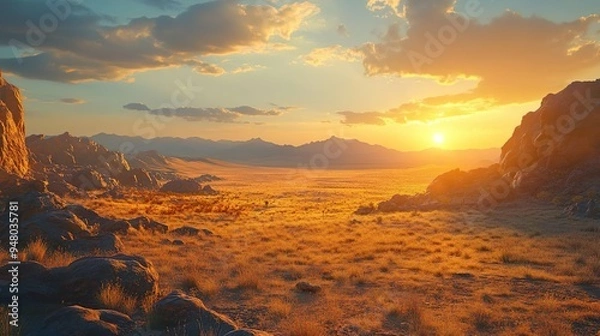 Fototapeta Expansive Desert Terrain with Majestic Rock Formations and Subtle Sunset Hues for Stunning Views