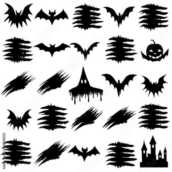 Fototapeta Silhouettes of bats, ghosts, pumpkins, and castles on white