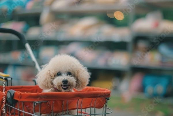 Fototapeta a toy poodle stick his head out from pet trolley and looking at the camera a toy poodle stick his head out from pet trolley and looking at the camera