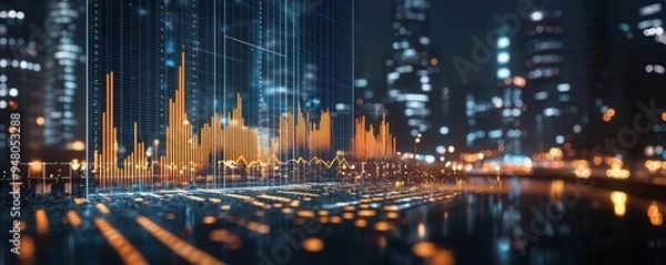 Obraz Financial expansion, augmented reality chart, symbolic wealth, sleek modern cityscape