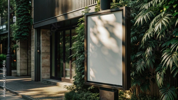 Fototapeta Blank advertisement board surrounded by greenery on a sunlit urban street in the afternoon