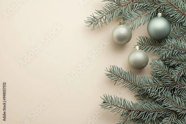 Obraz Christmas composition. Christmas tree branches, pine cones, balls on beige background. Flat lay, top view, copy space