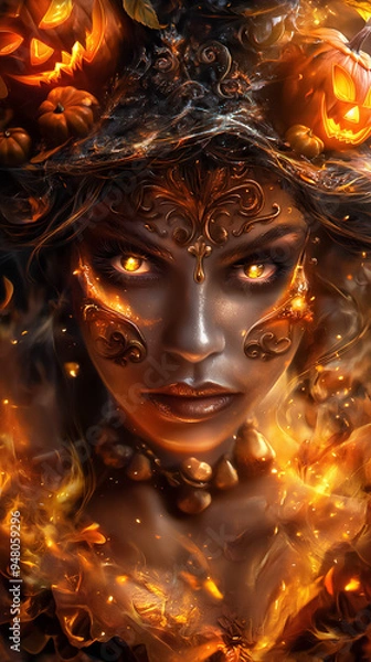 Fototapeta A mystical woman with enchanting eyes stares fiercely while surrounded by flaming pumpkins and vibrant fire, embodying the spirit of autumn and magic