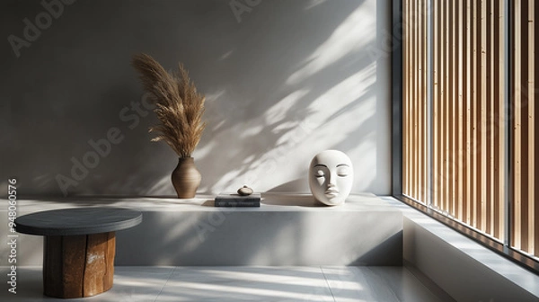 Fototapeta 3D room interior, concrete wall and wooden details, face object decoration, cafe corner. AI generated.