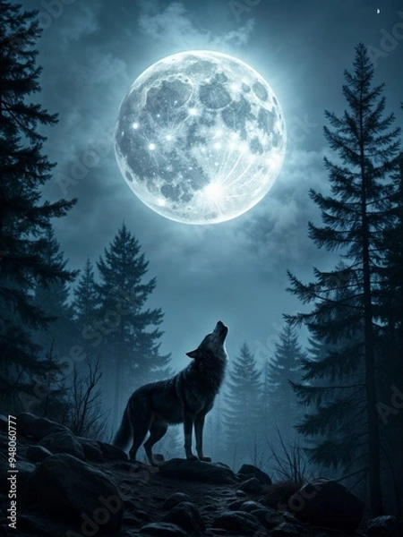 Fototapeta Lone Wolf Howling at a Glowing Full Moon in a Mystical Forest - Captivating Night Scene