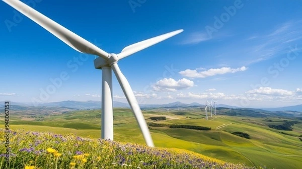 Fototapeta A wind farm on rolling hills surrounded by fields of wildflowers, supporting both renewable energy and local biodiversity