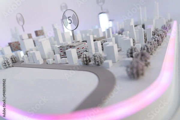 Fototapeta 3D City Building Futuristic Architecture Model Background, White Gray, Future Cityscape