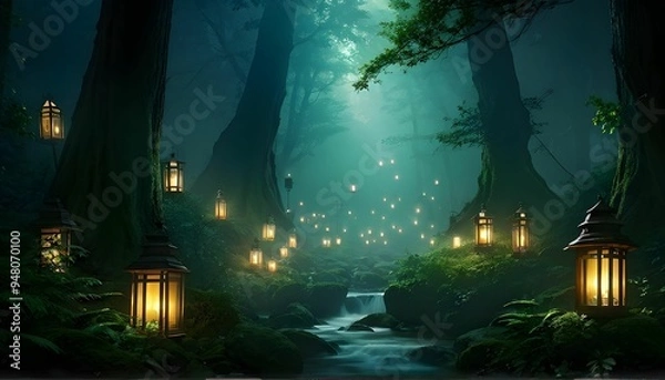 Fototapeta The Enchanted Forest of Glowing Lanterns Leading Through the Mystical Green Mist