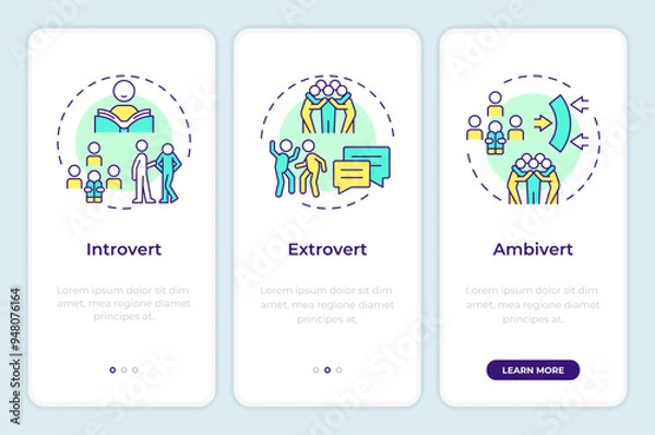 Obraz Human personality types onboarding mobile app screen. Walkthrough 3 steps editable graphic instructions with linear concepts. UI, UX, GUI template. Montserrat SemiBold, Regular fonts used