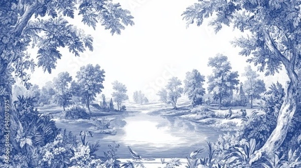 Obraz A classic toile de Jouy pattern in shades of blue and white, depicting pastoral scenes and intricate floral borders. The design is arranged in a way that the central area remains empty, allowing for