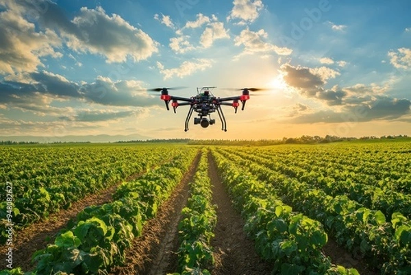 Obraz Drone Flying Over a Field of Green Crops at Sunset