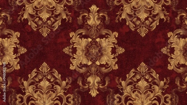 Obraz A richly detailed European wallpaper with a repeating pattern of Baroque scrolls and floral motifs in shades of deep red and gold. The pattern is concentrated around the edges, leaving a large blank