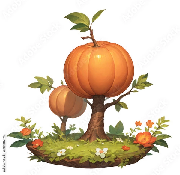 Fototapeta This is a whimsical pixel art illustration depicting two vibrant pumpkins that are growing on a tree, adding a charming touch to fall scenery