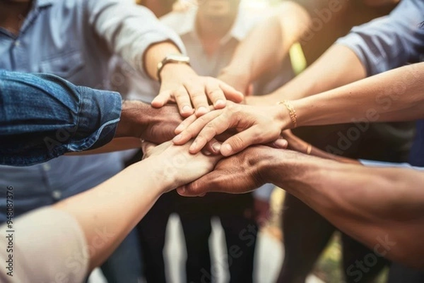 Obraz There's nothing we can't do together Cropped shot of a group of businesspeople joining their hands in solidarity