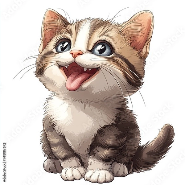 Fototapeta A cute cat licking its paw clipart, cartoon style, with a happy and content expression, isolated on white background