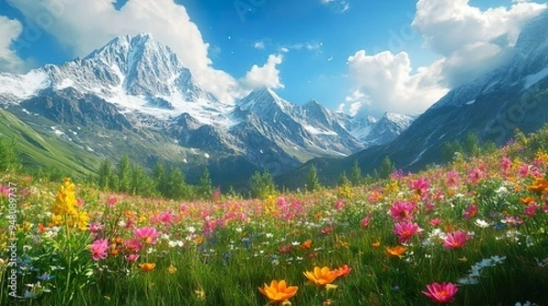 Obraz Peaceful Meadow in Spring Blooming Flowers and a Gentle Stream Create a Tranquil Scene