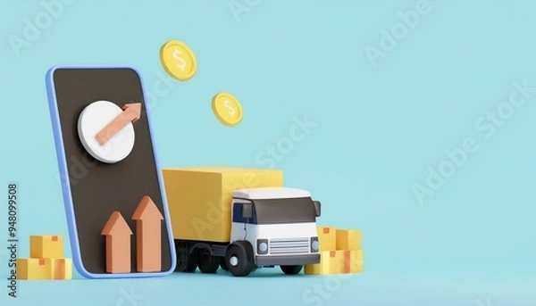 Obraz A colorful concept of delivery service featuring a smartphone, truck, and coins, representing logistics and online shopping.
