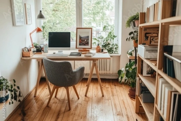 Fototapeta Empty white poster on bright office wall
