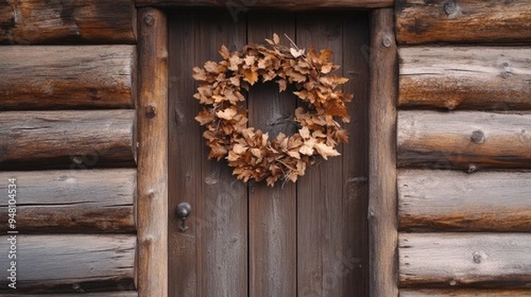 Fototapeta A wooden cabin door with an earthy brown wreath made of dried leaves and twigs