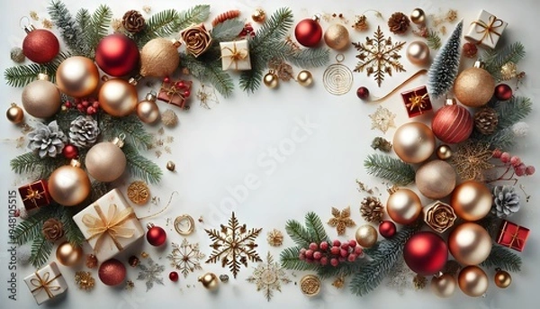 Fototapeta Elegant Christmas Background with Red and Gold Ornaments, Pinecones, and Fir Branches - Perfect for Holiday Greeting Cards, Invitations, and Festive Designs