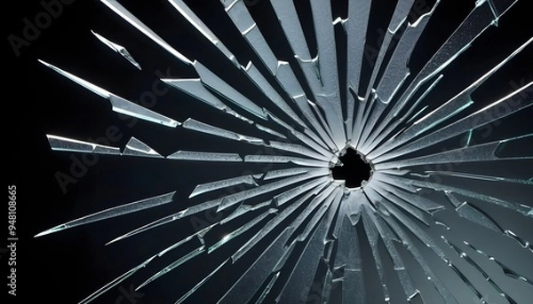 Fototapeta Shattered Glass Broken Impact Point Sharp Edges Thief Window Bullet Black Background