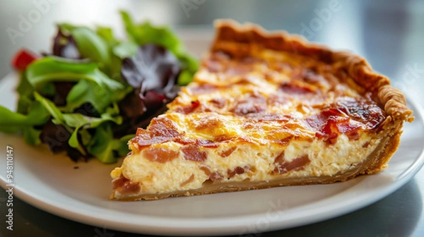 Fototapeta A classic French quiche Lorraine with a golden-brown crust, filled with a savory mixture of eggs, cream, crispy bacon, and sautÃ©ed onions, sliced and served on a white plate with a side of mixed
