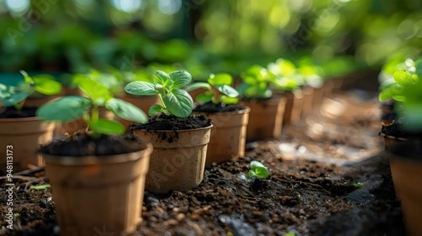 Obraz A row of potted plants with green leaves and brown soil