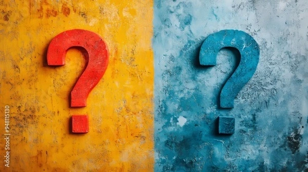 Fototapeta Two red and blue question marks are on a yellow and blue wall
