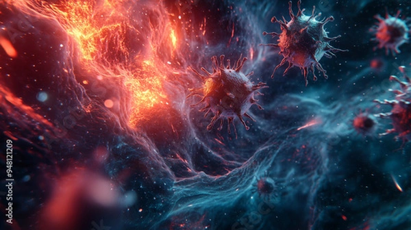 Obraz A virus is shown in a space with a red background