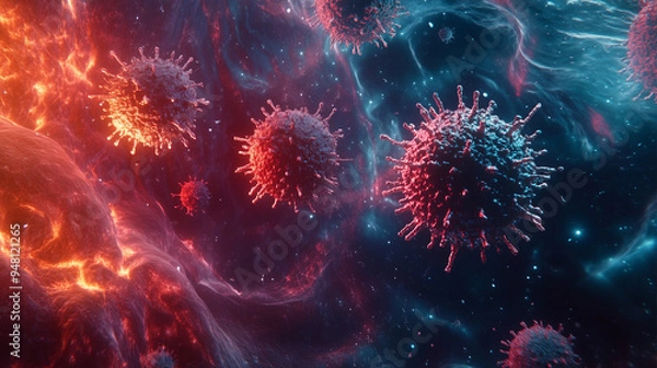 Fototapeta A virus is shown in a space with a red background