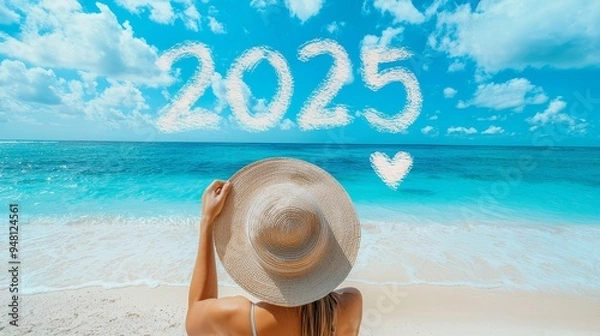 Obraz A joyful girl is celebrating on a tropical beach with a vibrant sign for the year 2025