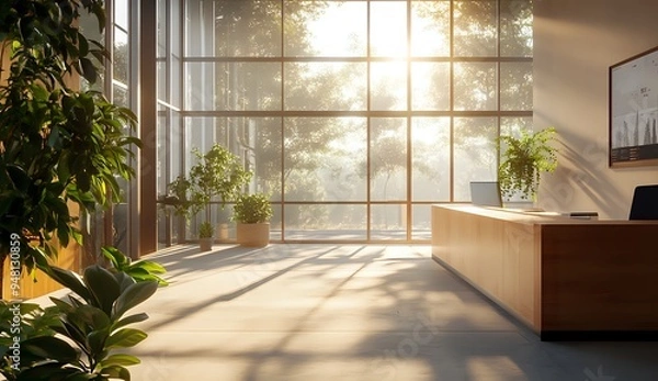 Fototapeta Sunlit Office Lobby with Large Windows and Wooden Reception Desk