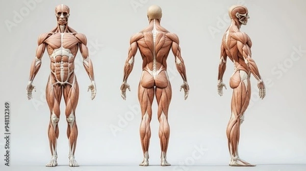 Fototapeta A detailed depiction of the human body structural system, showcasing the bones, muscles, and connective tissues that provide support and movement.