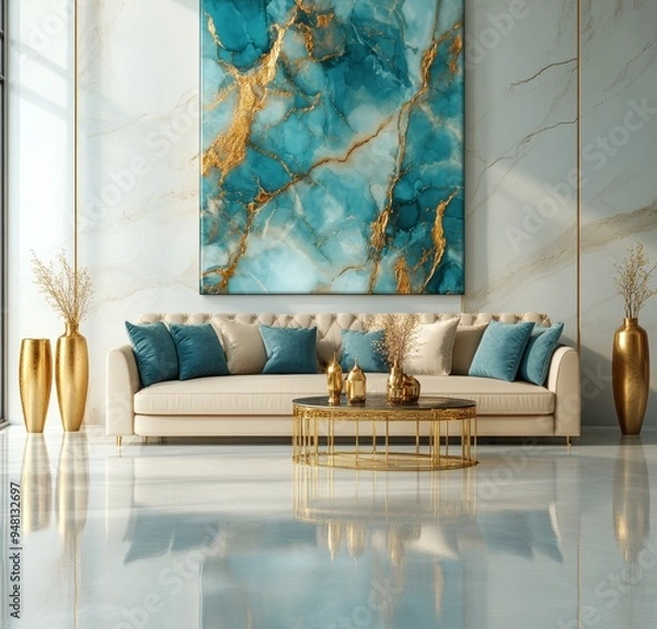 Fototapeta An interior design of a minimalist home with a blue curved sofa against a wall with a marbling poster.