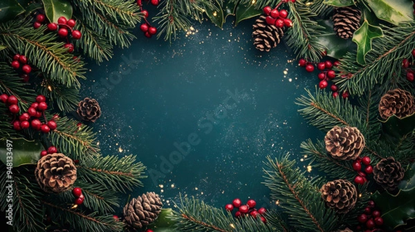 Fototapeta Holiday decoration with pine branches, red berries and pine cones in a round frame on a dark blue background, perfect for seasonal holidays. Christmas frame with space for text